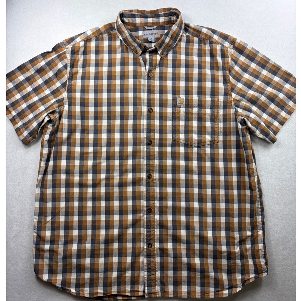 Carhartt Mens XL Relaxed Fit Plaid Short Sleeve Button Down Gorpcore Shirt Brown